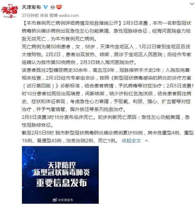 微博截图  天津现首例新型肺炎死亡病例 累计确诊69例