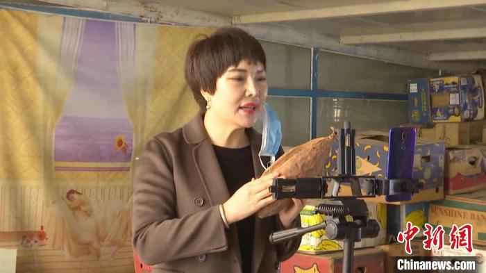 图为热心网红帮贾广德进行现场快手直播。 李书元 摄  内蒙古开鲁全城爱心接力“带货” 4天卖出7万斤滞销红薯